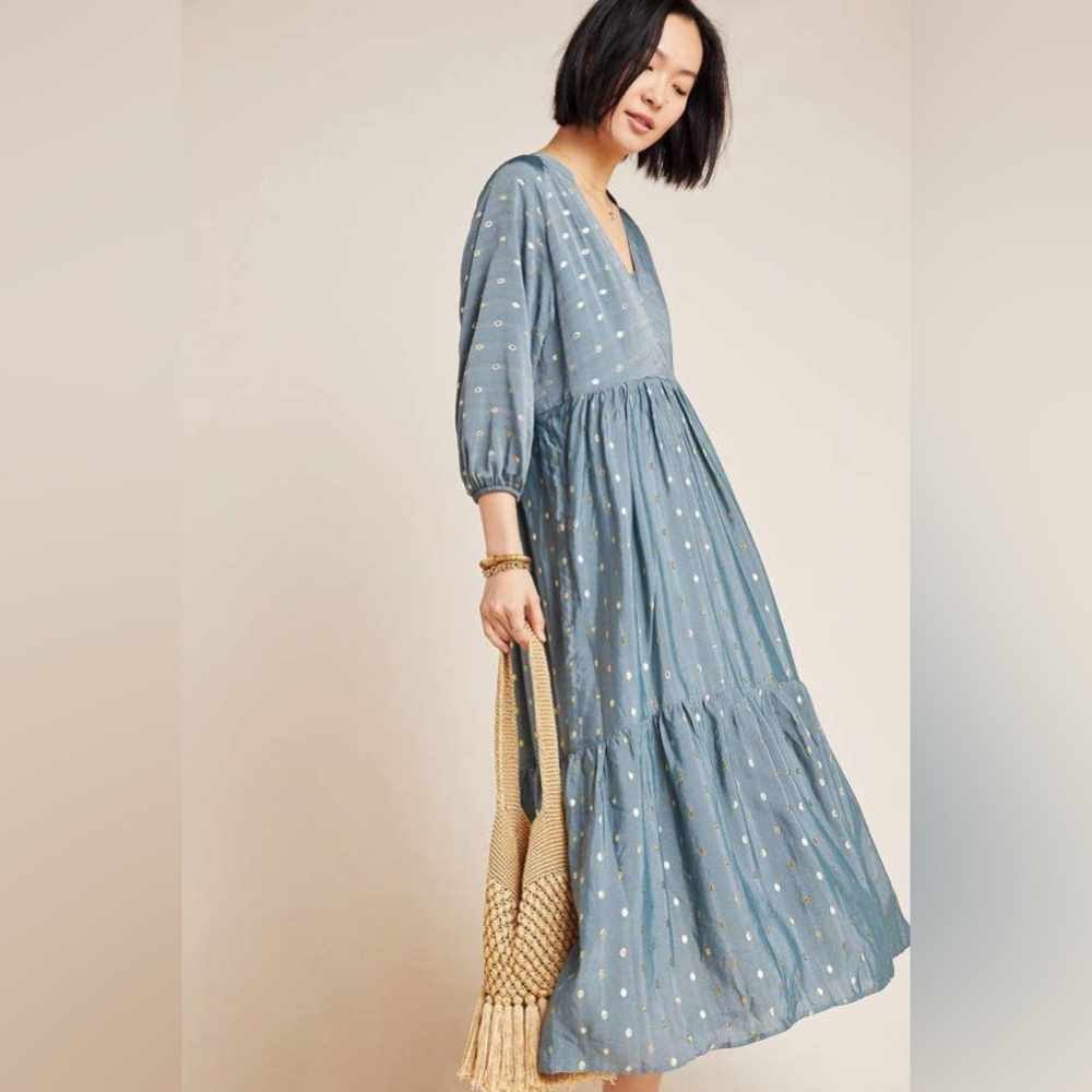 Anthropologie Enchanting Blue Maxi Dress with Golden Dot Accents - Size S A07